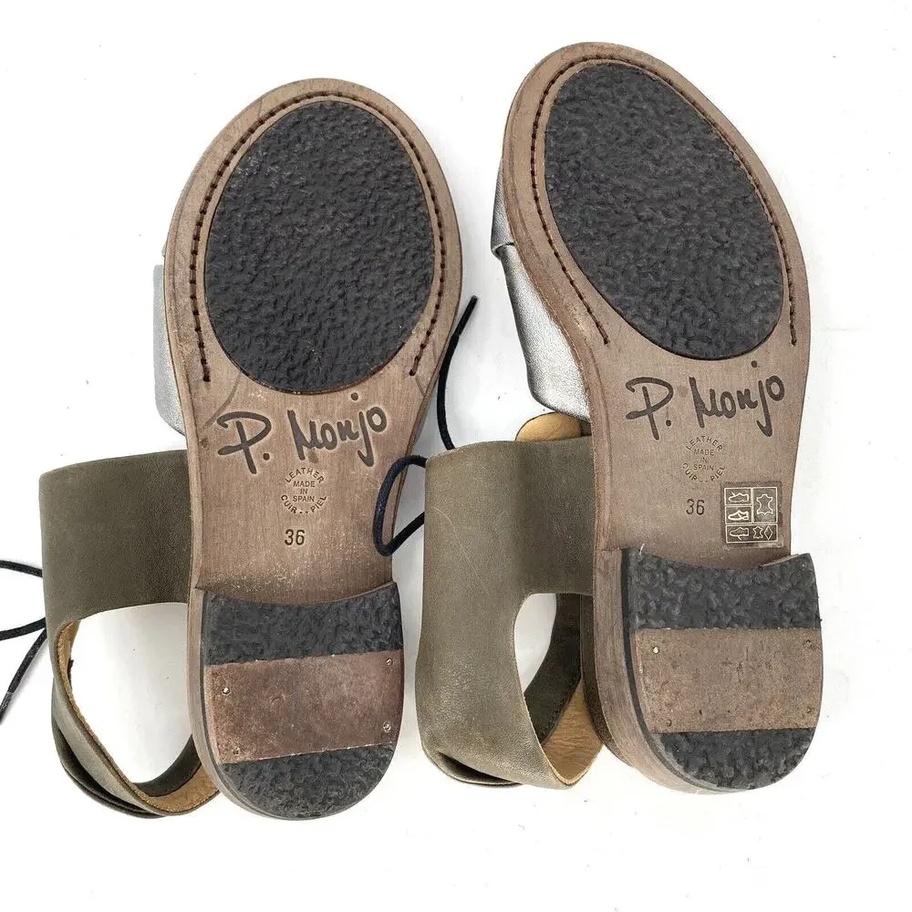 P Monjo Leather Sandals Womens 36 Silver Tan Roman Slingback Lace Up